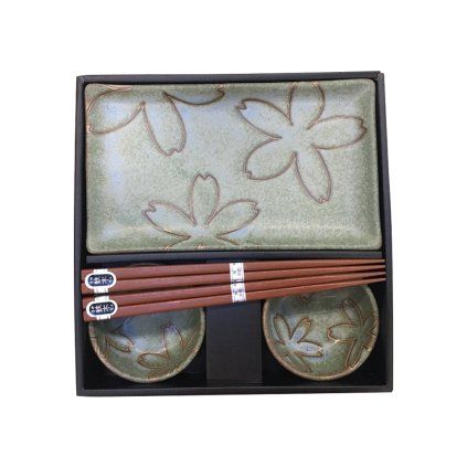Sushi set, 6 kosov, cvetlični motiv, svetlo zelena, MIJ