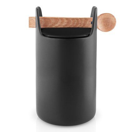 Kuhinjski kozarec za shranjevanje, visok, z leseno žličko, črna, Eva Trio