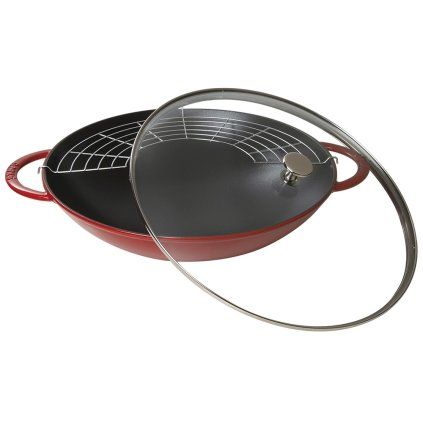 Vok, 37 cm, s steklenim pokrovom, češnja, litina, Staub