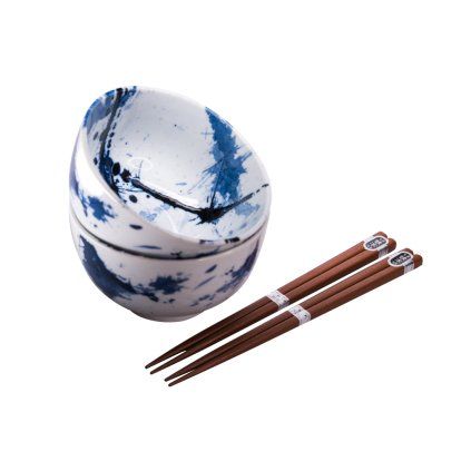 Skodelica za kosmiče BLUE & WHITE 350 ml, set 2 kosov, s palčkami, MIJ