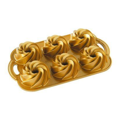Pekač za šarkelj pecivo GEO BUNDLETTE BUNDT, za 6 minibundov, zlata, Nordic Ware