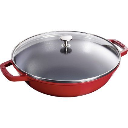 Vok, 30 cm, s steklenim pokrovom, češnja, lito železo, Staub