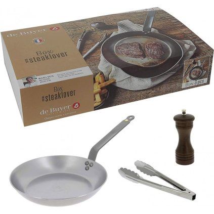 Ponev za zrezke MINERAL B, 26 cm, z mlinčkom za poper in kuhinjskimi kleščami, de Buyer