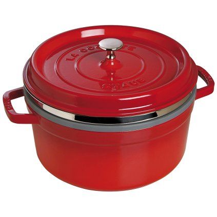 Lonec iz litega železa COCOTTE, 26 cm, z vložkom za kuhanje na pari, rdeč, Staub