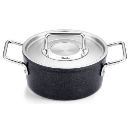 Visoka casserole kozica ADAMANT 18 cm, s pokrovom za lonec iz nerjavečega jekla, črna, aluminij, Fissler