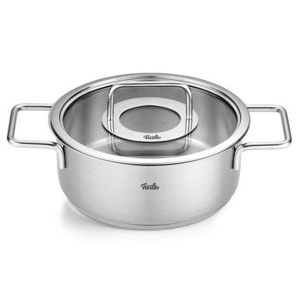 Nizka casserole kozica PURE 20 cm, s steklenim pokrovom za lonec, srebrna, nerjaveče jeklo, Fissler