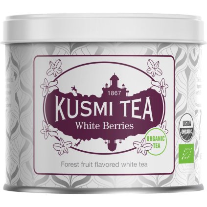 Beli čaj WHITE BERRIES, 90 g pločevinka čaja v lističih, Kusmi Tea
