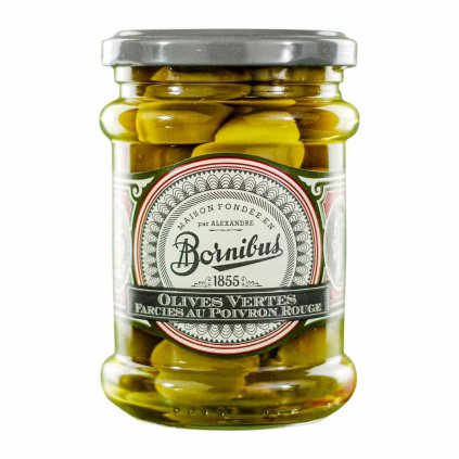 228057 zelene olivy 270 g plnene cervenou paprikou bornibus